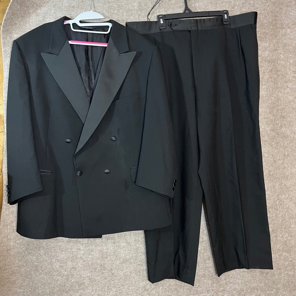 Vintage Burberrys 48S Tuxedo Suit Black Wool Double Breasted Satin Peak Lapel